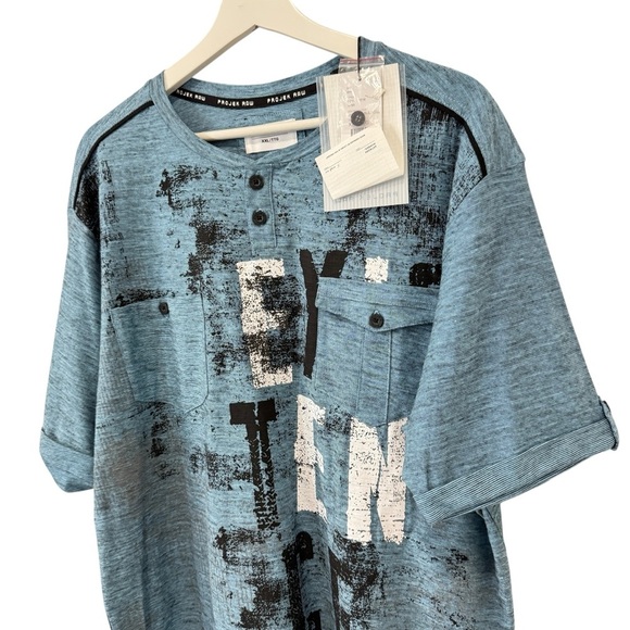 Projek Raw Cotton Graphic Print Short Sleeve Henley Shirt Size XXL Sky Blue NWT - Picture 4 of 17